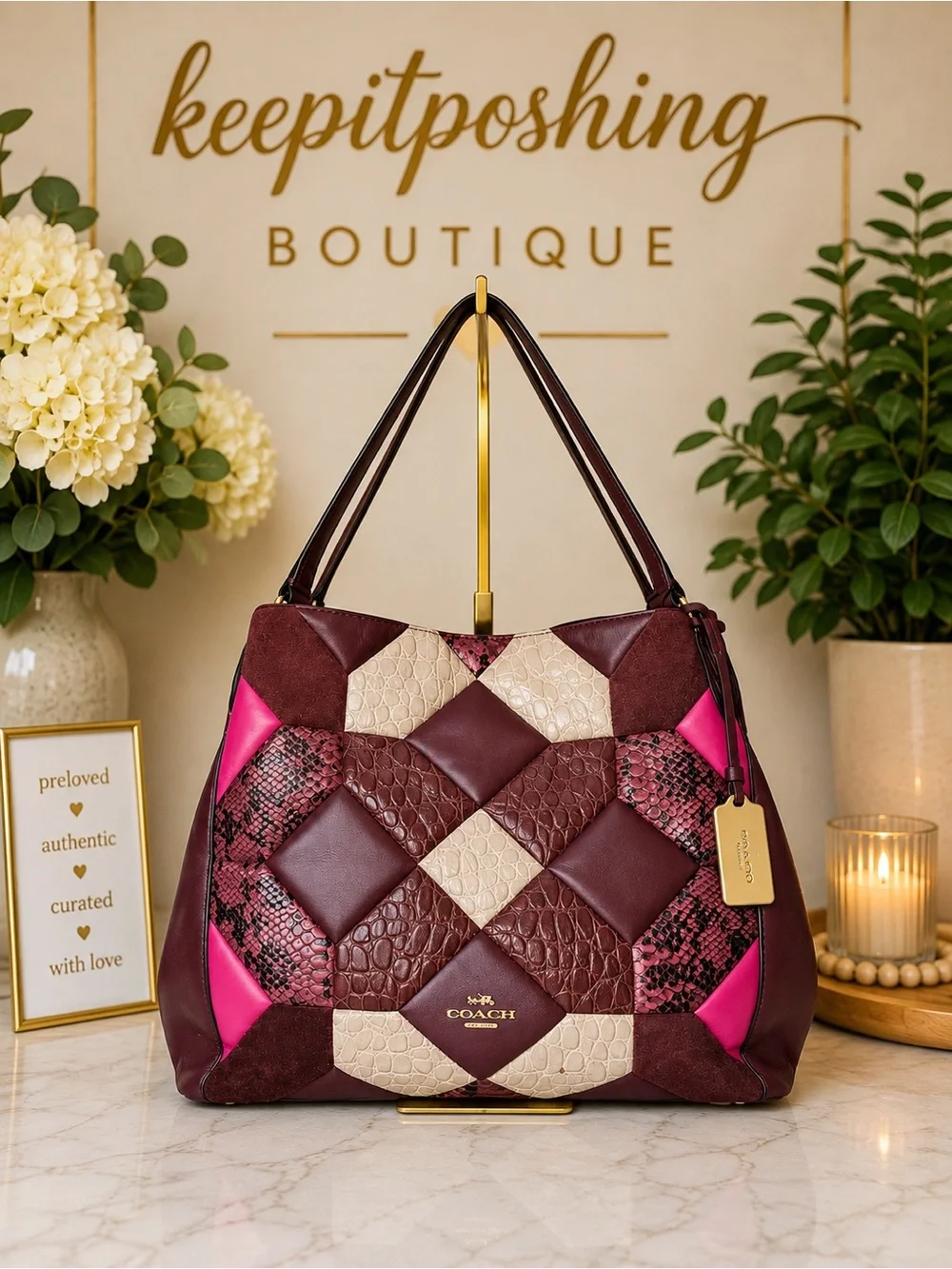 Coach Patchwork Shoulder Bag in Burgundy, Pink & Cream
